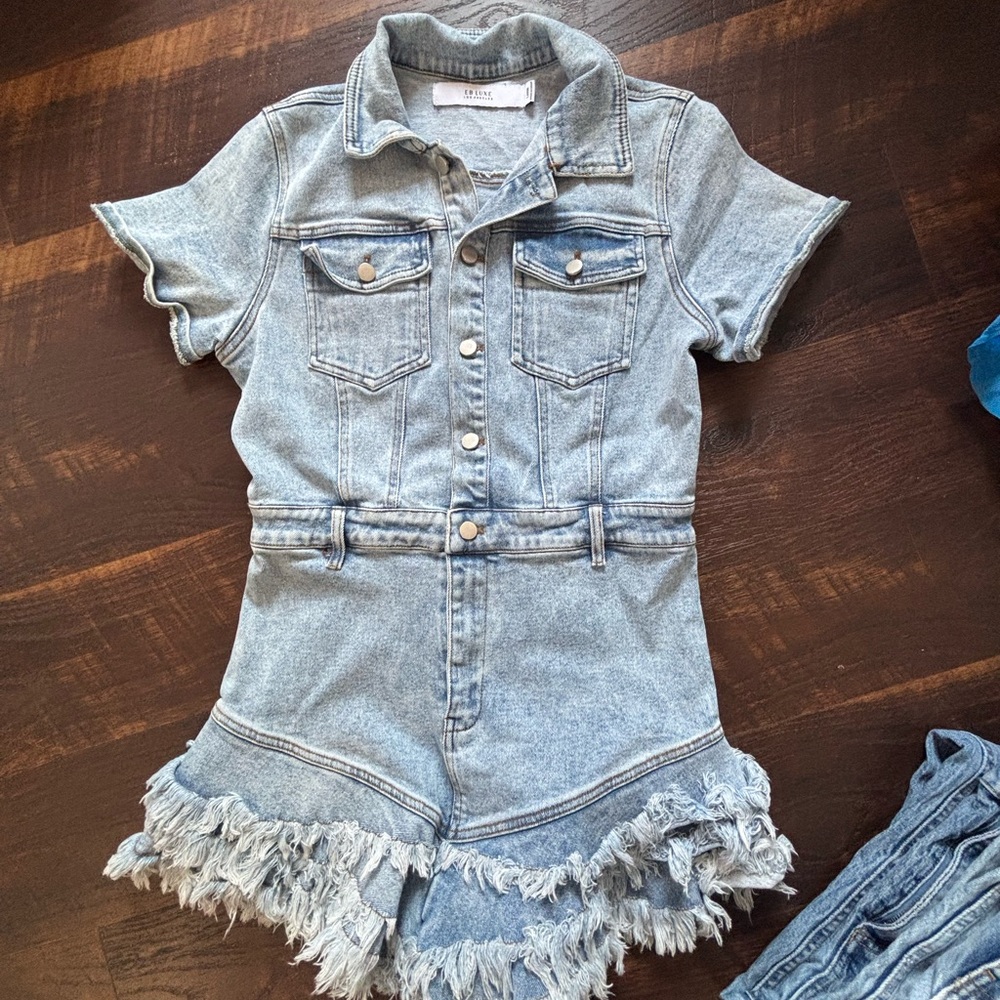 Denim Short Sleeve Romper with Fringe